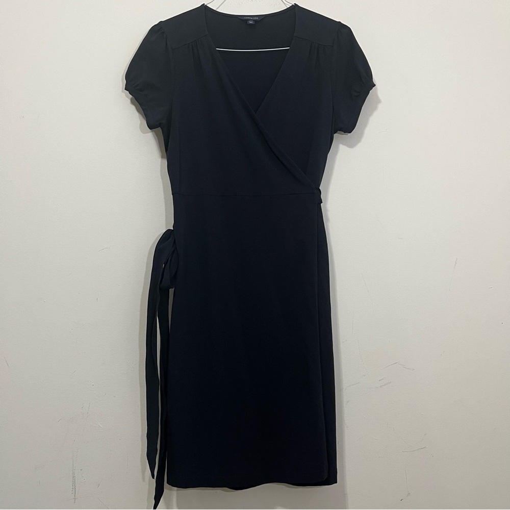 Lands’ End Black True Wrap Dress Fit Flare Tie Sz M Minimal Capsule Jersey Knit
